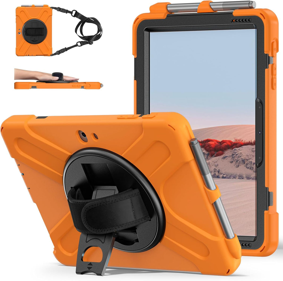 ZenRich Rugged Case for Surface Go with Pen Holder, Heavy Duty Shockproof Case with Stand, Hand Strap and Shoulder Belt - Orange