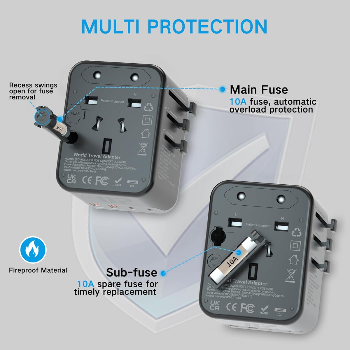 Universal Travel Adapter,adaptador de enchufe de pared internacional de CA de 20 W,cargador de viaje de 2 puertos USB C y 2 puertos USB para EE.UU.UE Reino Unido y Australia