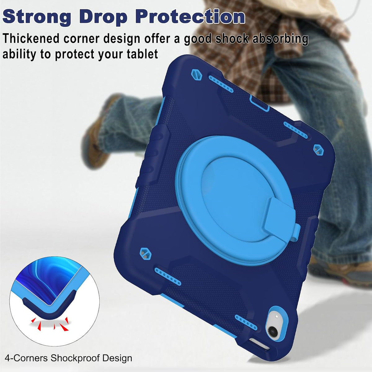 Case for iPad (A16) 11th Generation 11 inch 2025/10th Generation 10.9 inch 2022, Heavy Duty Shockproof Kids Protection Cover with Pencil Holder/360° Rotating Stand/Handle/Shoulder Strap, Navy Blue