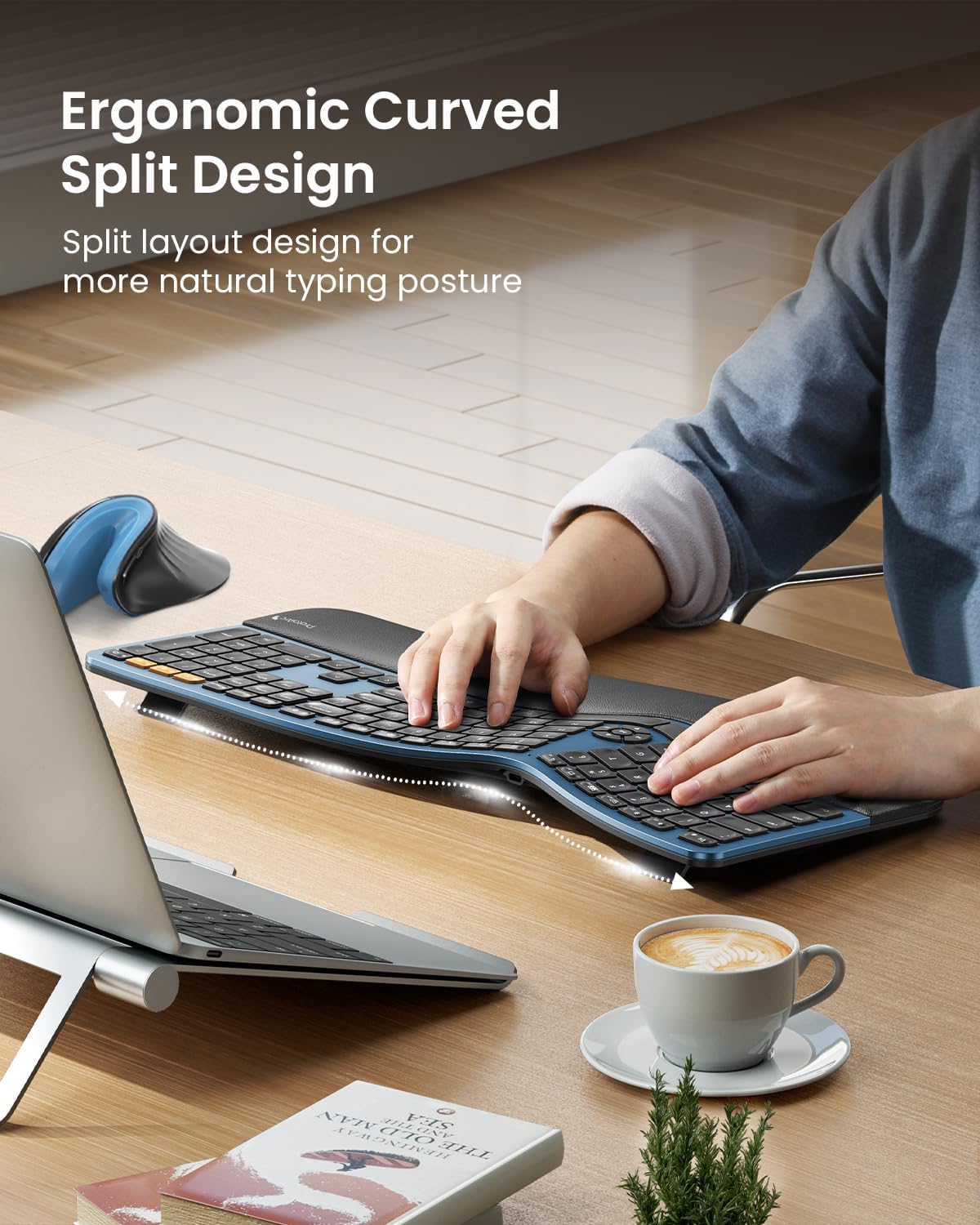ProtoArc Backlit Bluetooth Ergonomic Keyboard, EK01 Plus Full Size Wireless Split Keyboard with Dual Bluetooth and USB, Cushioned Wrist Rest, Rechargeable, Compatible with Windows/Mac/Android, Blue