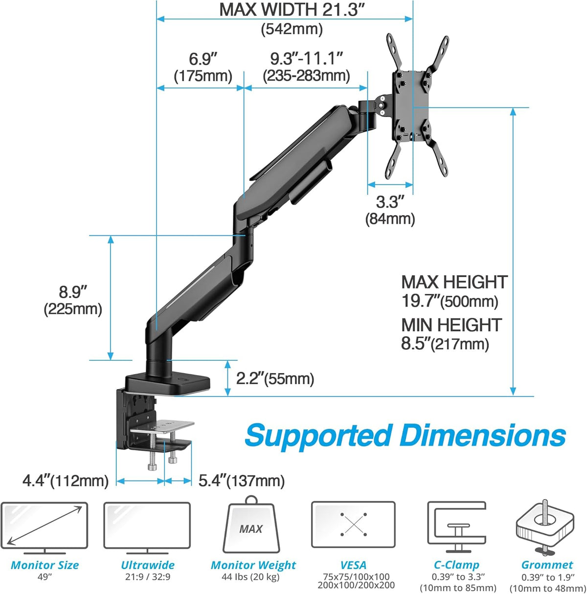 AVLT RGB Lights Single 17”-49” Gaming Monitor Arm Desk Mount, Fits One Flat/Curved/Ultrawide Screen up to 44lbs(20kg), Height Swivel Tilt Adjustable Stand - Black