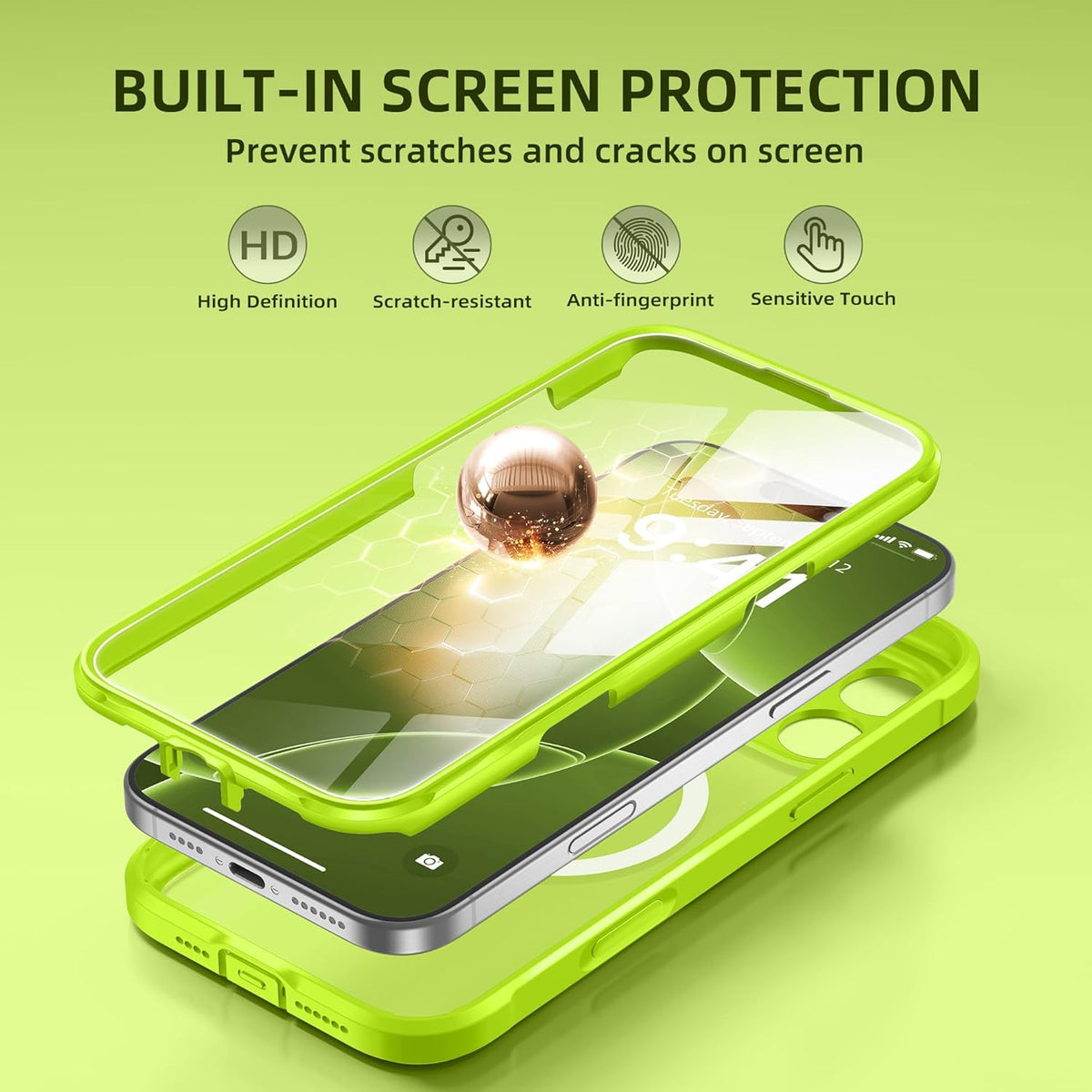 BERFY Magnetic for iPhone 16 Pro Case, Compatible with MagSafe, [Built-in 9H Tempered Glass Screen Protector & Upgraded Camera Protection] Full Body Shockproof Phone case for 16 Pro 6.3", Bright Green
