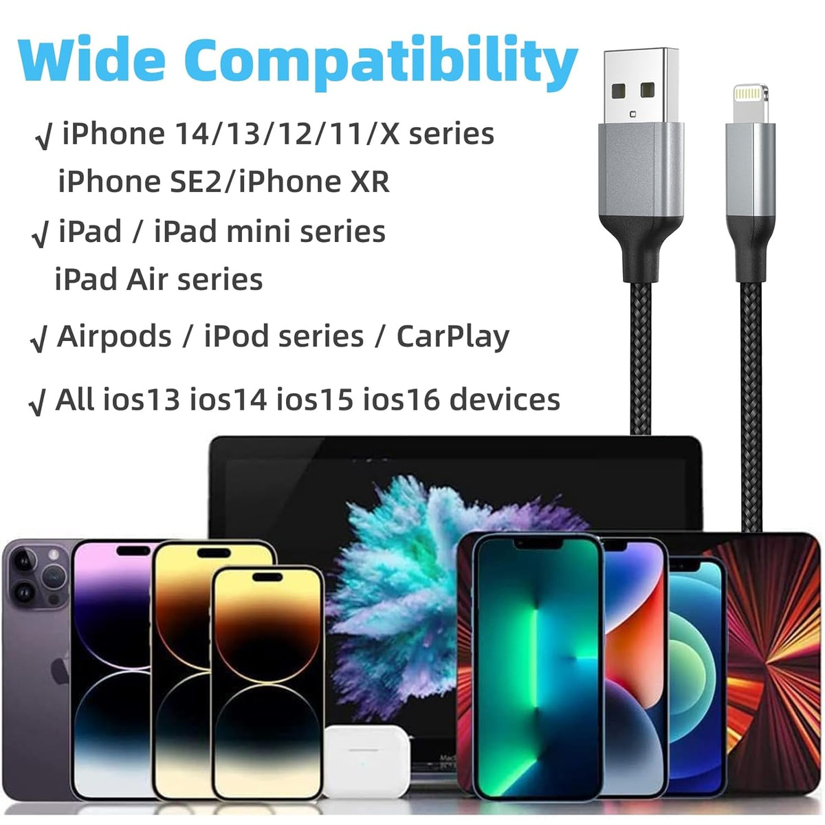 1.5 ft iPhone Charging Cable, 3 Pack [MFi Certified] USB to Lightning Braided Short Cord for Fast Charging Compatible