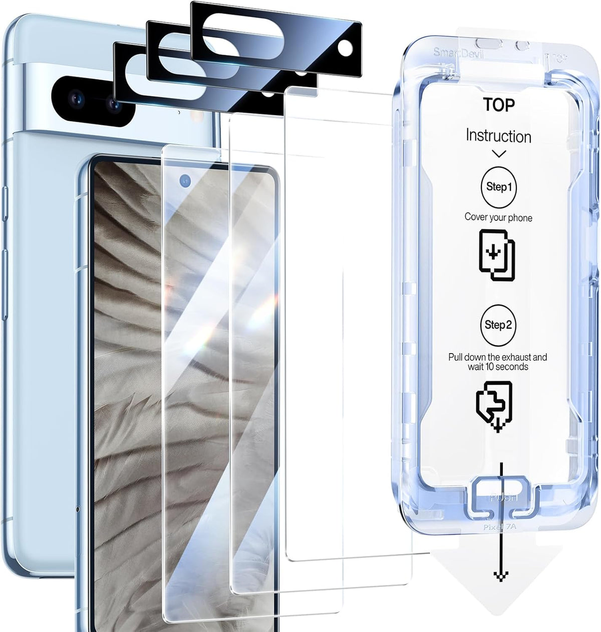 SMARTDEVIL [3+3 Pack for Google Pixel 7 Screen Protector with Camera Lens Protector, Finger Print Reader Compatible, Fast & Easy Installation, Clear 9H Tempered Glass Film, Alignment Frame