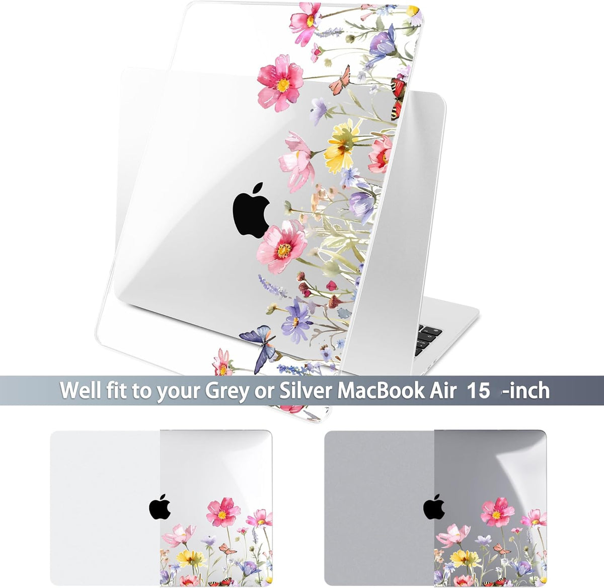 Batianda Premium Case for New MacBook Air 15 inch 2025 2024 2023 with M4 M3 M2 Chip, Floral Designed Protective Plastic Hardshell & Keyboard Cover & Screen Protector, Spring Flowers