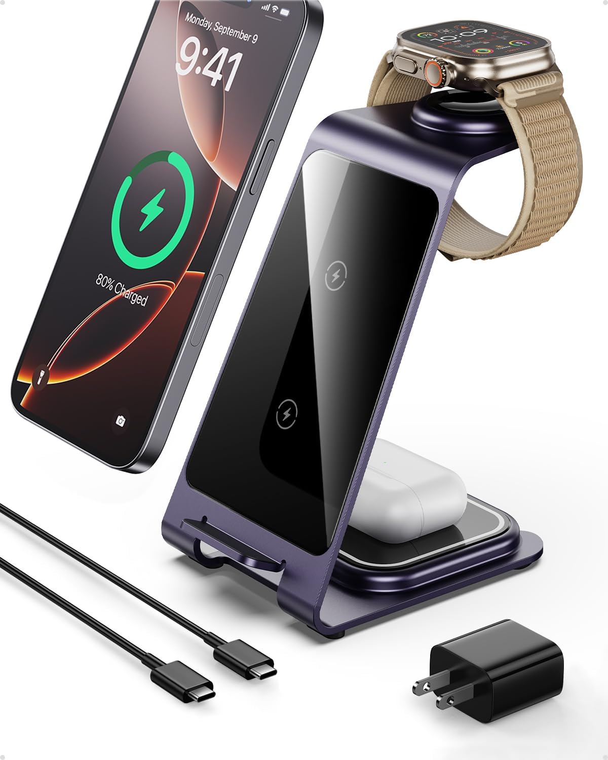 Intoval 3 in 1 Wireless Charging Station for iPhone 16 15 14 13 12 11 X Pro Max, Wireless Charger for Apple Watch 10 Ultra 3 SE 9 8 7 6 5 4 3 2, for AirPods 4 Pro Pro 2 3 (Y93, Purple)