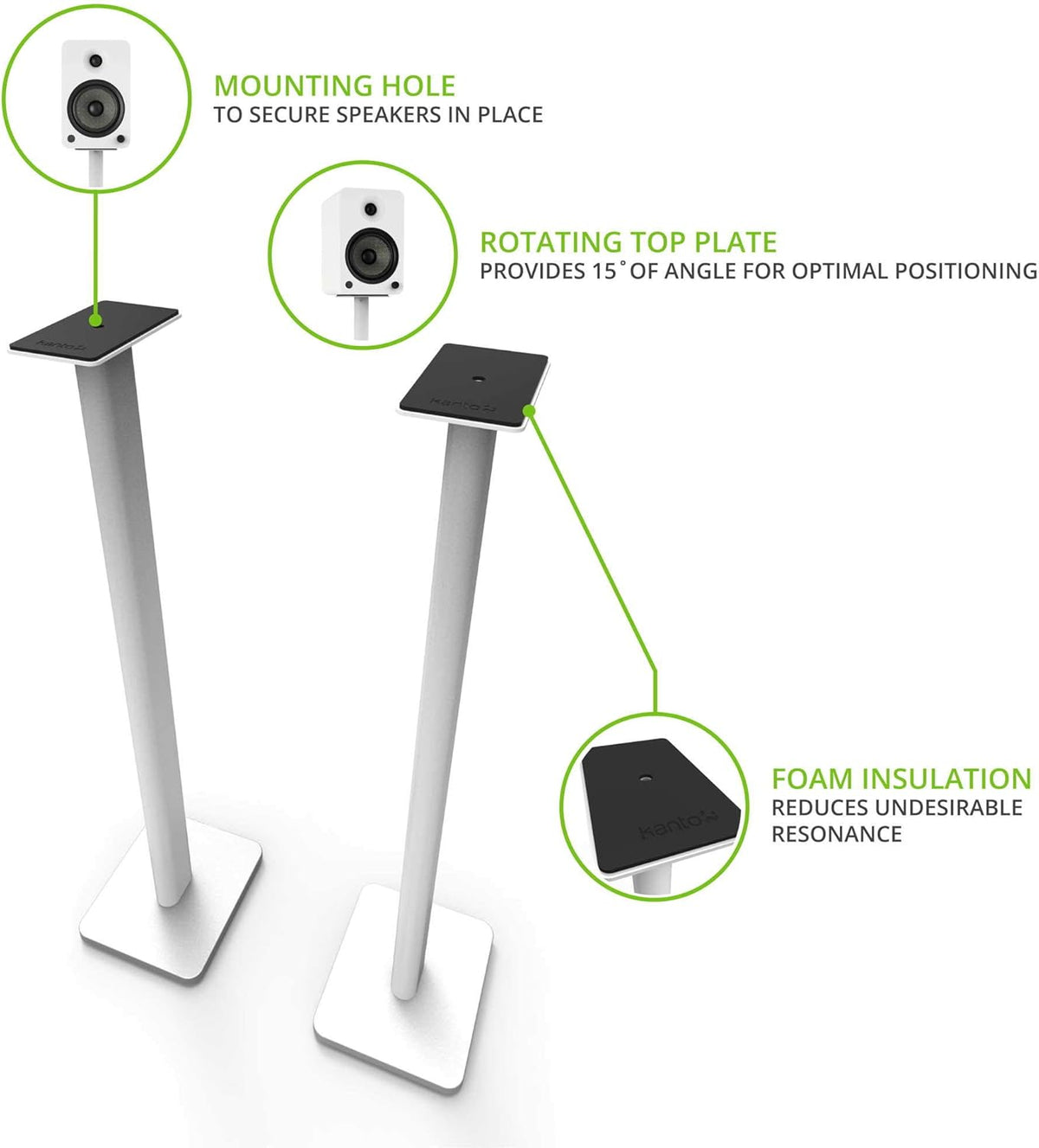 Kanto SP32PLW Universal Speaker Floor Stands for Bookshelf Speakers | 32" Tall | Two Sizes Rotating Top Plate w/Foam Padding | Carpet & Hardwood Feet | Hidden Cables | ¼”-20 Mounting | Pair | White