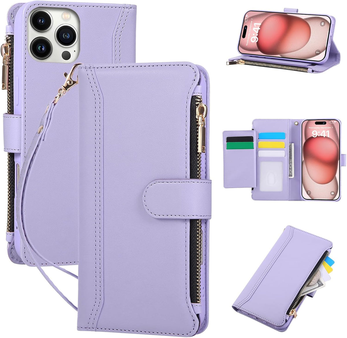 Compatible with iPhone 13 Pro Max Wallet Phone Case-PU Leather Magnetic Flip Cover with Credit Card Slots,Zipper Pocket & Detachable Wrist Strap,Shockproof Design,for Women and Men-Purple