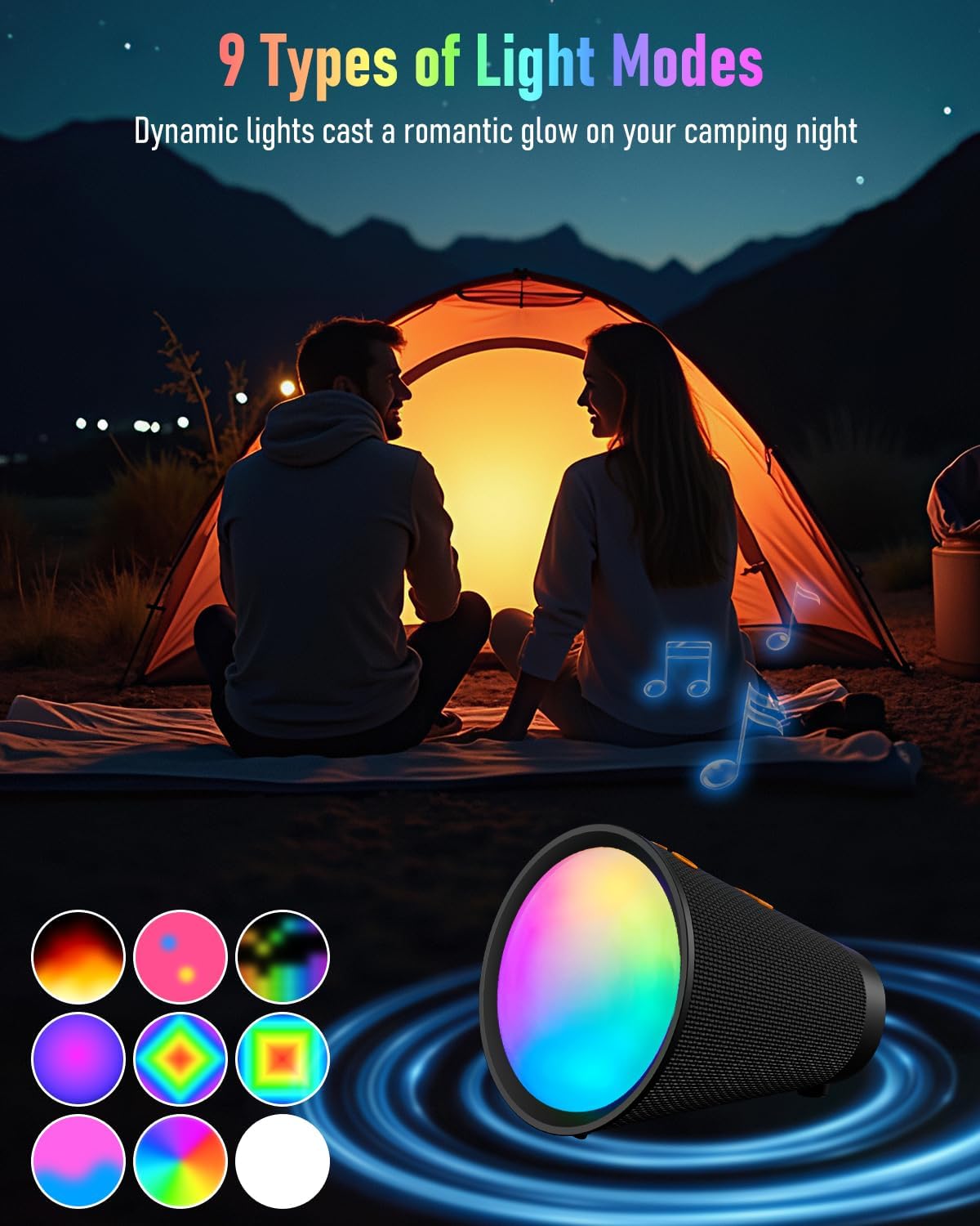 Gladorn 9 20H IPX6 5.3, Portable Bluetooth Speaker Wireless with Color Lights, Playtime, Stereo Pairing, Deep Bass