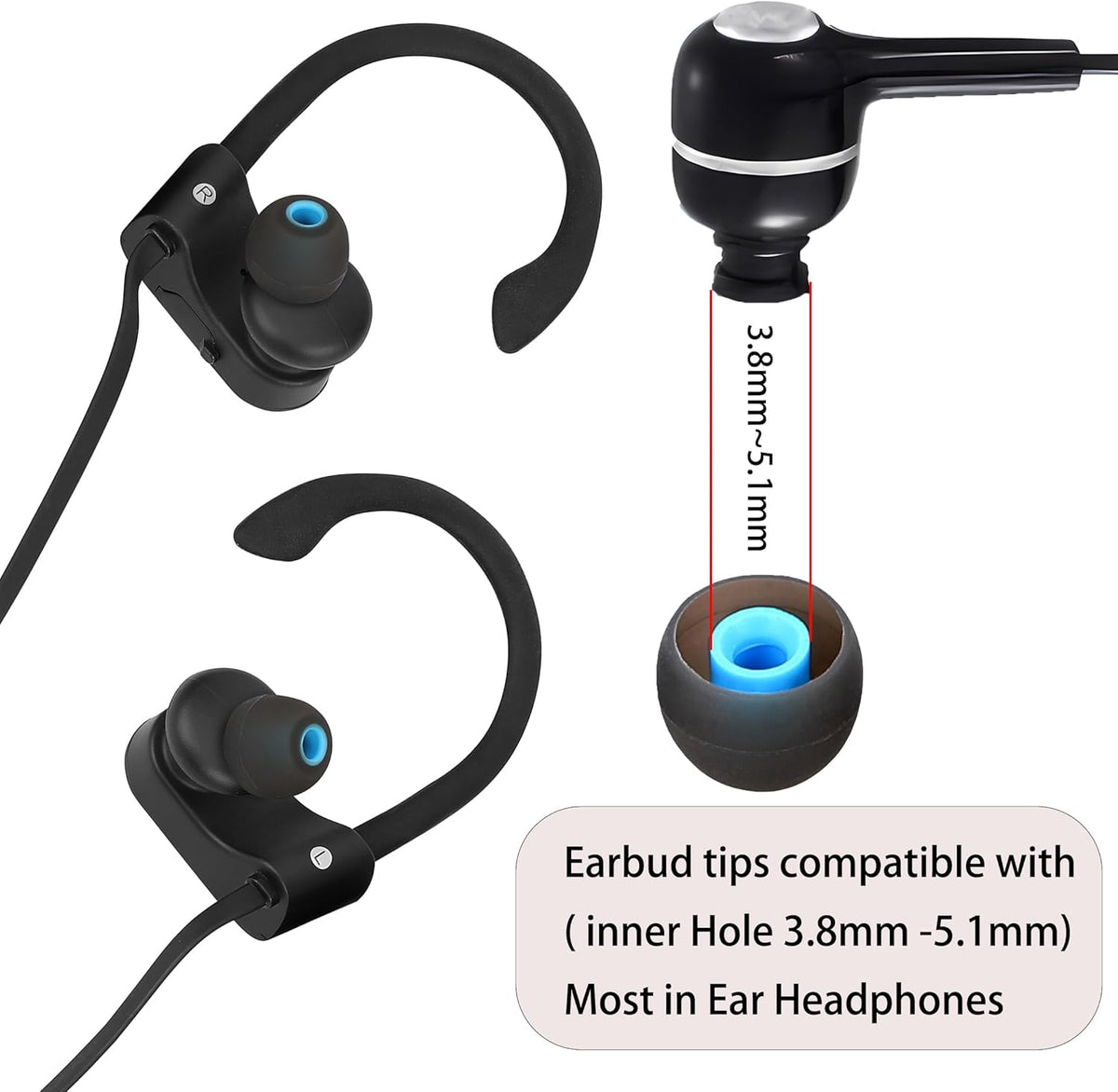Silicone Earbud Tips for Most In-Ear Earbuds (Inner Hole 3.8mm -5.1mm) - 9 Pairs S M L
