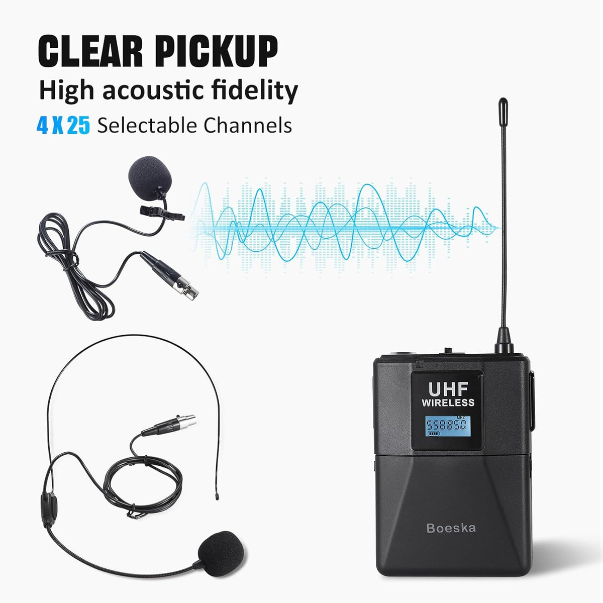 Wireless Microphone System 4 Channel UHF 4 Lavalier Lapel Headset Mics for Karaoke Church Speaking Conference Meeting Party, 4x25 Adjustable Frequency (4 Bodypack)