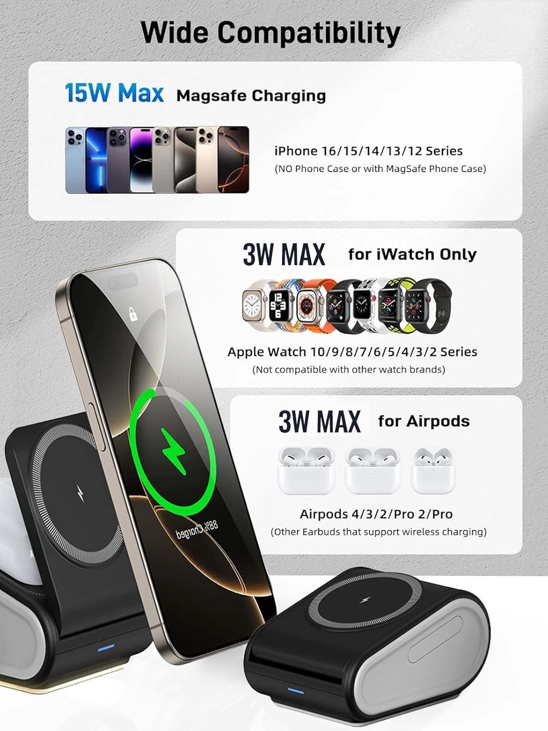 4 in 1 Wireless Charger for iPhone, Mag-Safe Charger for iPhone 16/15/14 Series, Airpods Pro 2, iWatch Series 10/9/8/7, Foldable Charging Station for Apple Multiple Devices
