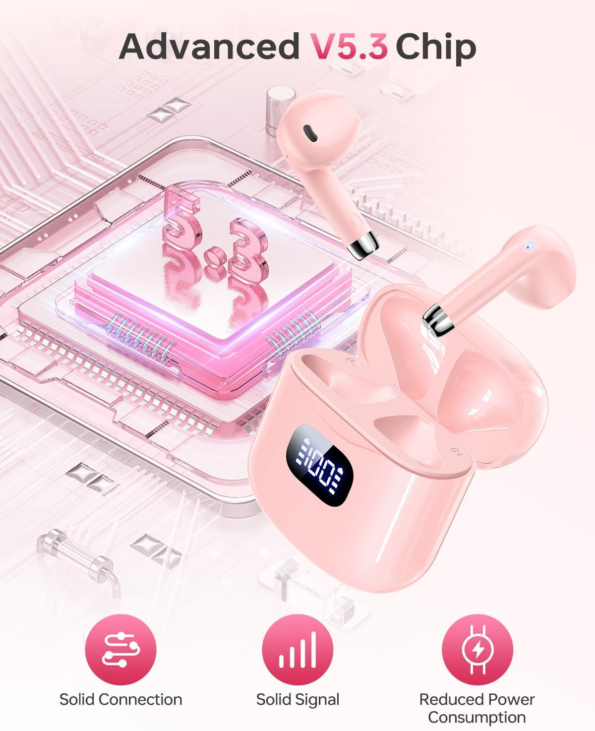Wireless Earbuds Bluetooth 5.3 Headphones, 40Hrs Playback Stereo Ear Buds with LED Display Charging Case IPX7 Waterproof in-Ear Earphones with Mic for Phone Tablet Laptop Sports, Pink