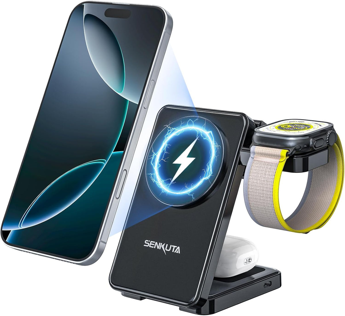 Wireless Charger Charging Station for Apple: 3 in 1 Wireless Charger Multiple Devices for iPhone 16/15/14/13/12 - Fast Travel Charger Stand for Apple iWatch Ultra 5/4/3 AirPods Pro 4/3/2(18W Adapter)
