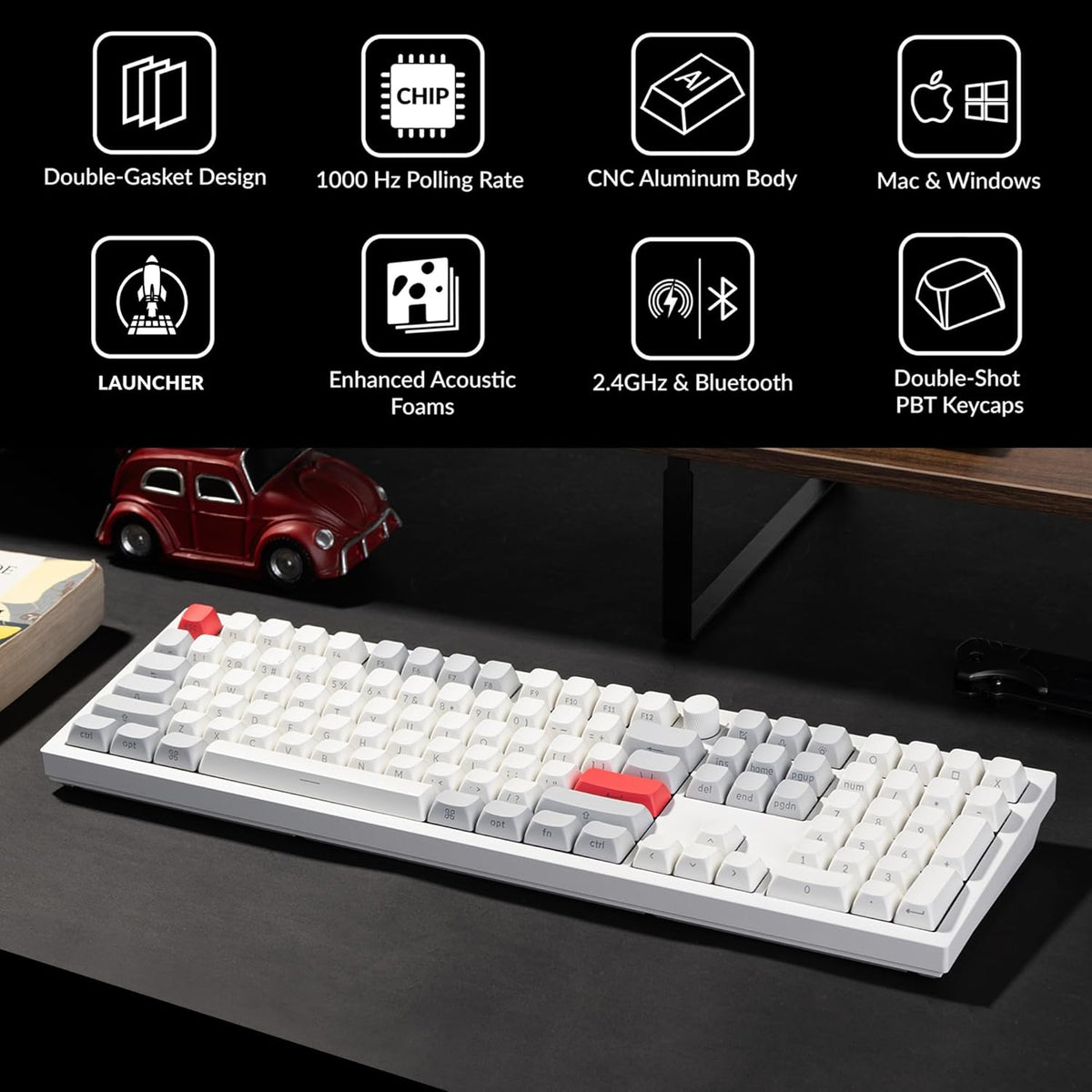 Keychron Q6 Max QMK/LAUNCHER Wireless Bluetooth/2.4GHz/USB-C Wired Custom Mechanical Keyboard, Full Size Programmable Knob RGB Backlit Hot-Swappable Gateron Banana Switch for Mac Windows Linux - White