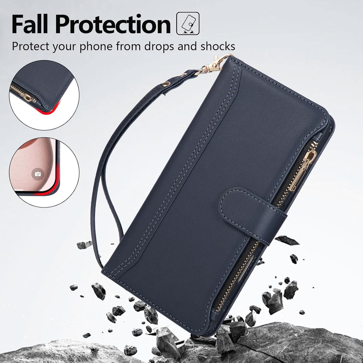 Compatible with iPhone 13 Pro Wallet Phone Case-PU Leather Magnetic Flip Cover with Credit Card Slots,Zipper Pocket & Detachable Wrist Strap,Shockproof Design,for Women and Men-Navy Blue