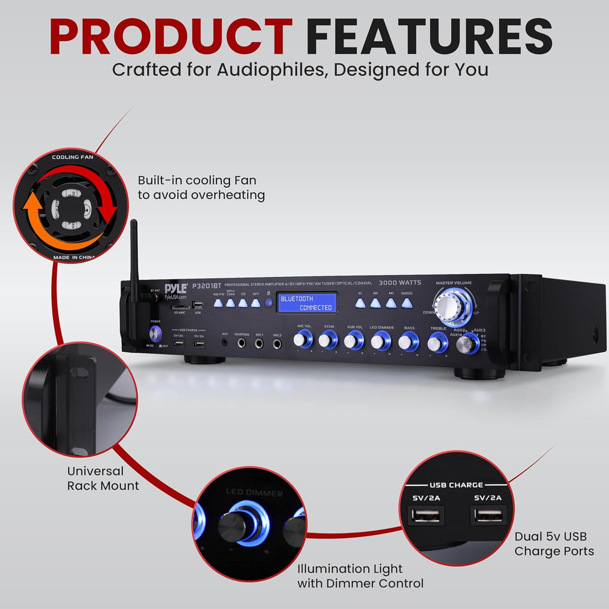 Pyle Multi Channel Bluetooth Preamplifier Receiver - 3000 Watt Audio Home Speaker Sound Stereo w/Radio, USB, Headphone, AUX, RCA, Dual Microphone w/Echo, LED, Wireless Streaming - P3201BT