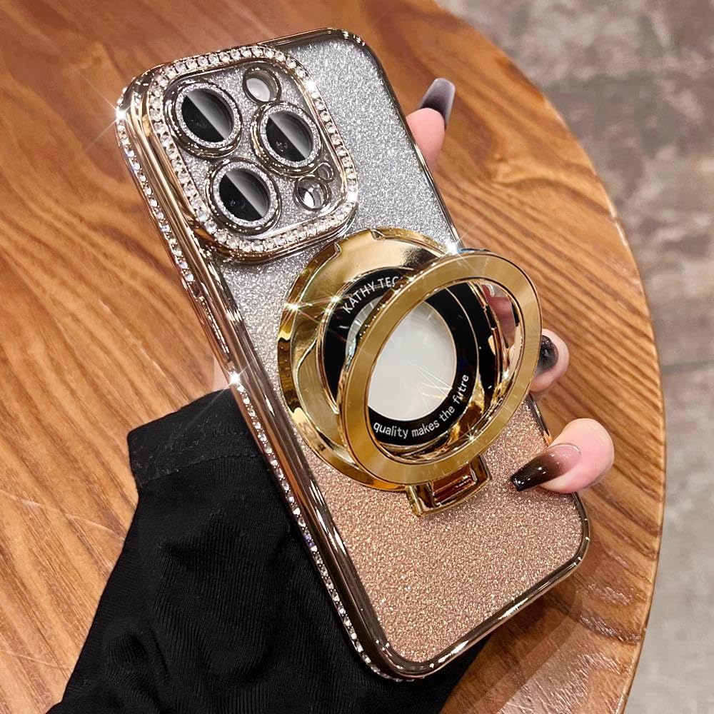 Magnetic Kickstand (Glitter Lens Protector ) Case for iPhone 15 14 13 12 Pro Max (Compatible with Magsafe ) Sparkling Diamond Cover Glitter Shiny Rhinestone Cases (Gold,for iPhone 15)
