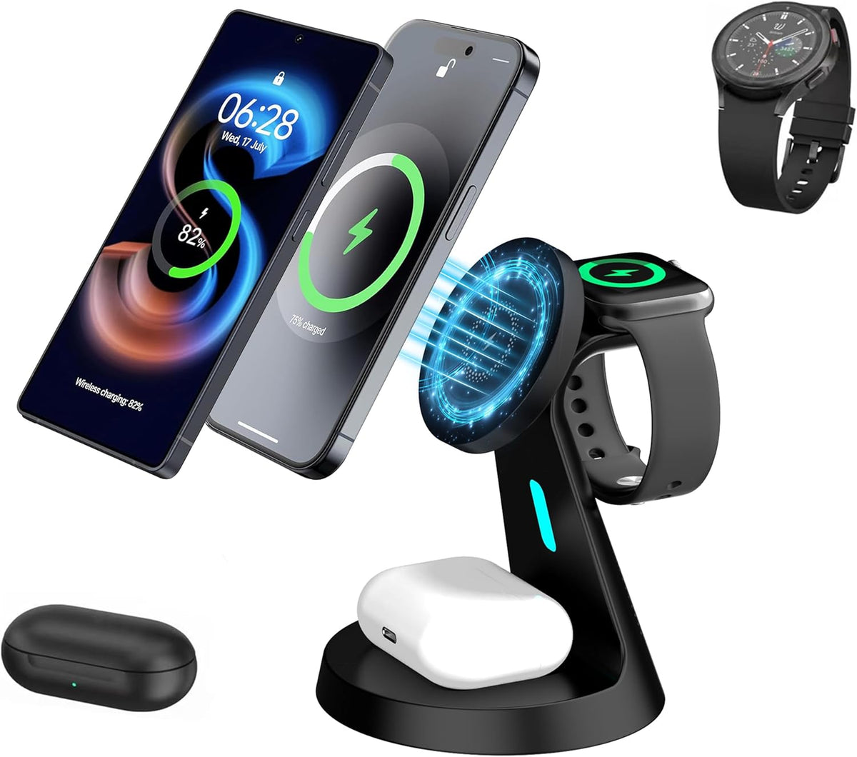 2025 New Magnetic Wireless Charger for Samsung & Apple Devices, 3 in 1 Charging Station Magnetic Charger Stand simultaneously Compatible with Samsung and Apple Series.
