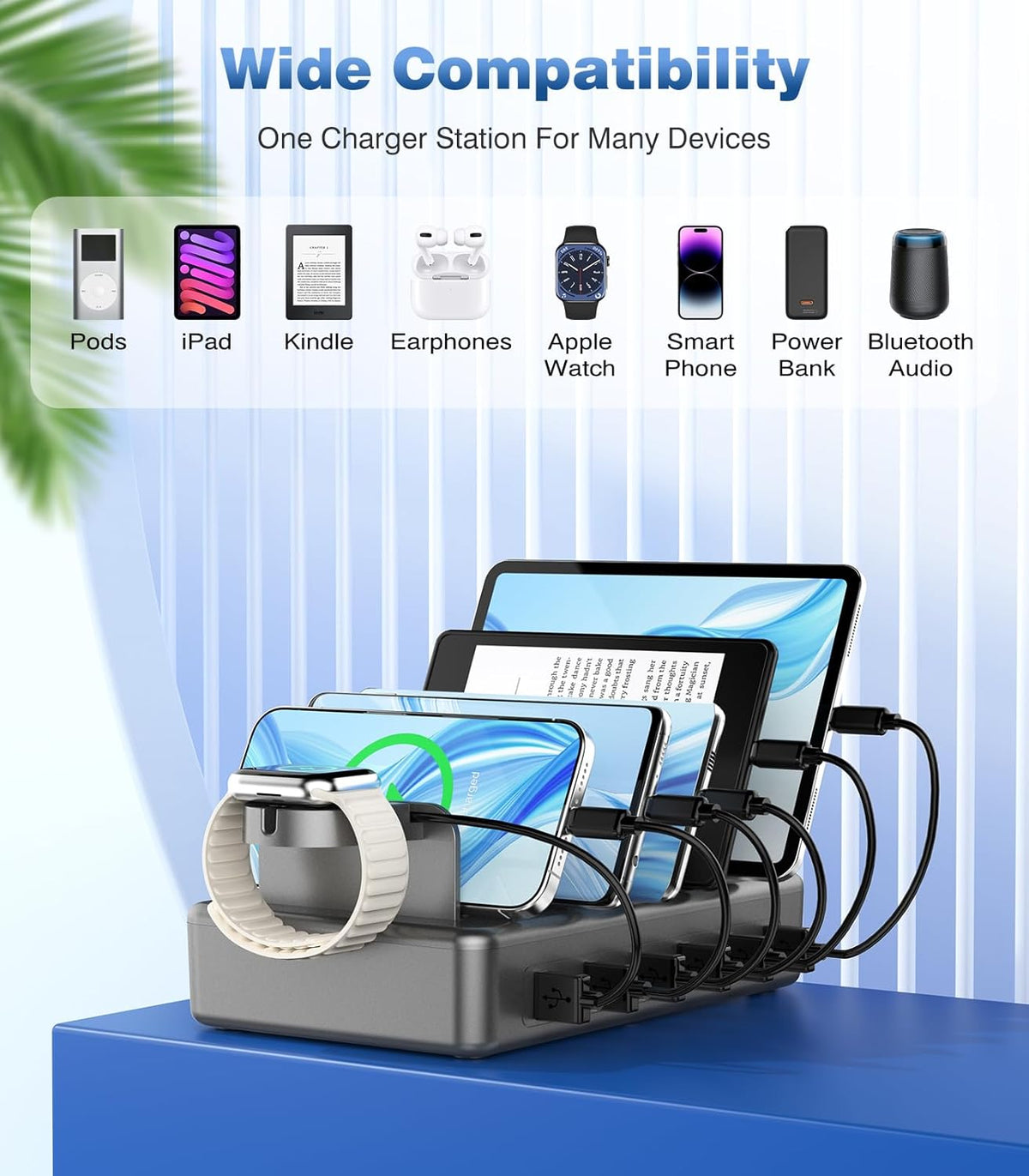 CREATIVE DESIGN 50W Fast Charging Station, 6 Port Apple Charging Station for Multiple Devices Compatible with iPhone,iPad, Tablet,Kindle ect,with 6 Short Cables and Apple Watch Holder（Space Gray）