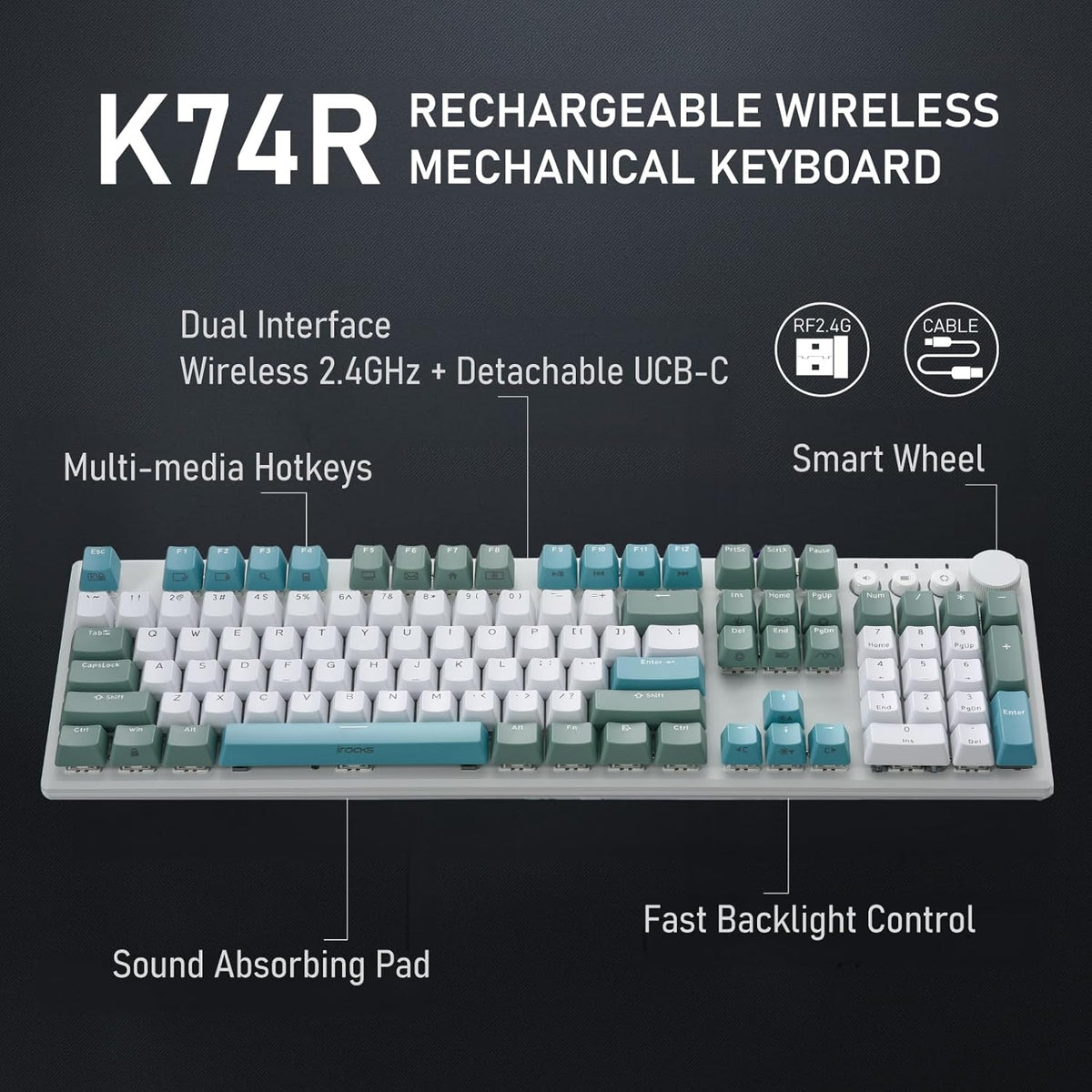 iRocks K74R Wireless RGB Illuminated Mechanical Gaming Keyboard, Hot-Swappable Switches, Easy-Clean Floating Design, PBT 107 Keys NKRO, Detachable USB-C Cable - Island Blue (Red Switches)