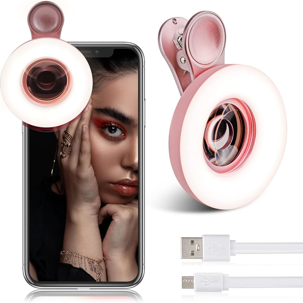 Macro Lens for iPhone and Android with Mini Clip Ring Light, Portable Rechargeable Dimming, for Smart Phone Photography, Camera Video Recording, VLOG