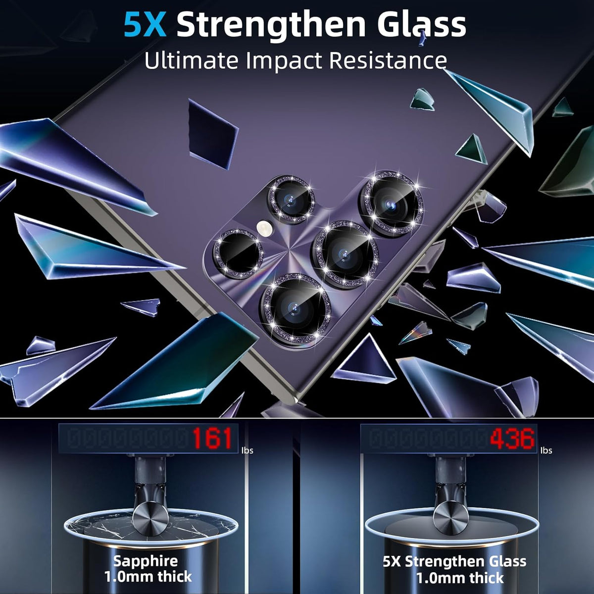 YWXTW Camera Lens Protector for Samsung Galaxy S24 Ultra, [Lithography Laser Gradient] [5X Strengthen] Bling Glitter Tempered Glass Screen Protector Metal Ring Camera Lens Cover (Titanium Violet)