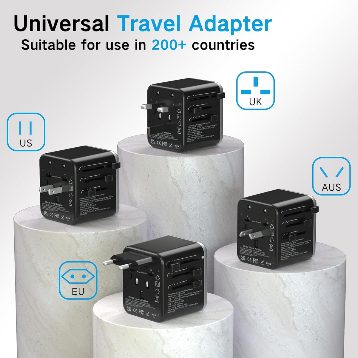 Universal Travel Adapter,adaptador de enchufe de pared internacional de CA de 20 W,cargador de viaje de 2 puertos USB C y 2 puertos USB para EE.UU.UE Reino Unido y Australia