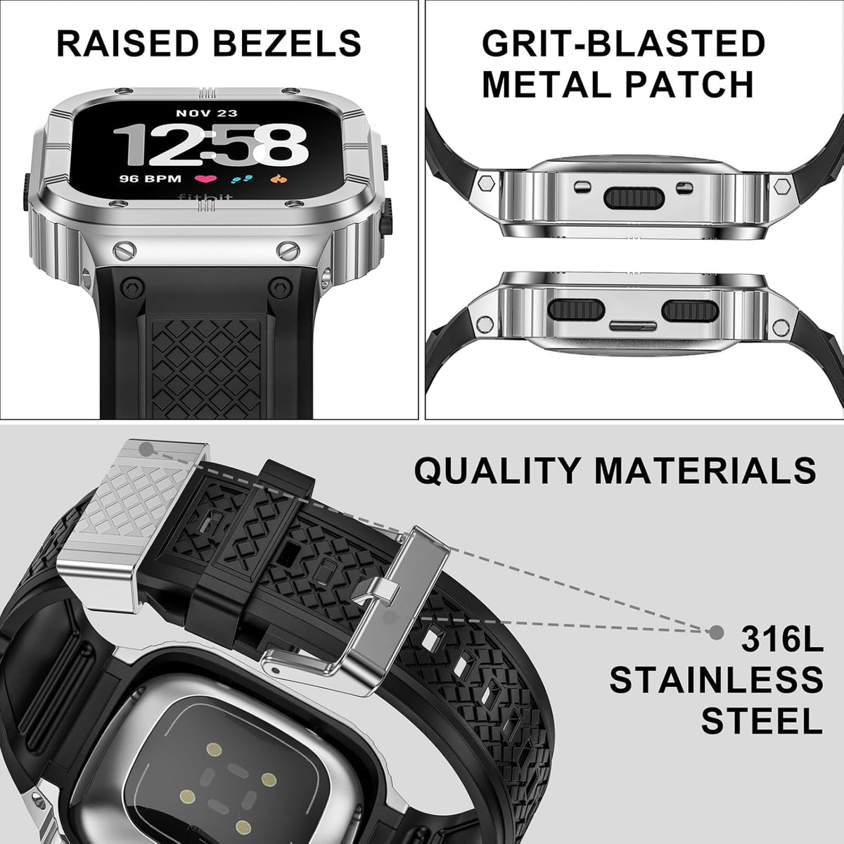 MioHHR Stainless Steel Case and Band Compatible with Fitbit Versa 4/3/2/Lite/Sense/Sense 2 Bands with Metal Case, Rugged Sports Protector Cover Silicone Wristbands for Men, Silver