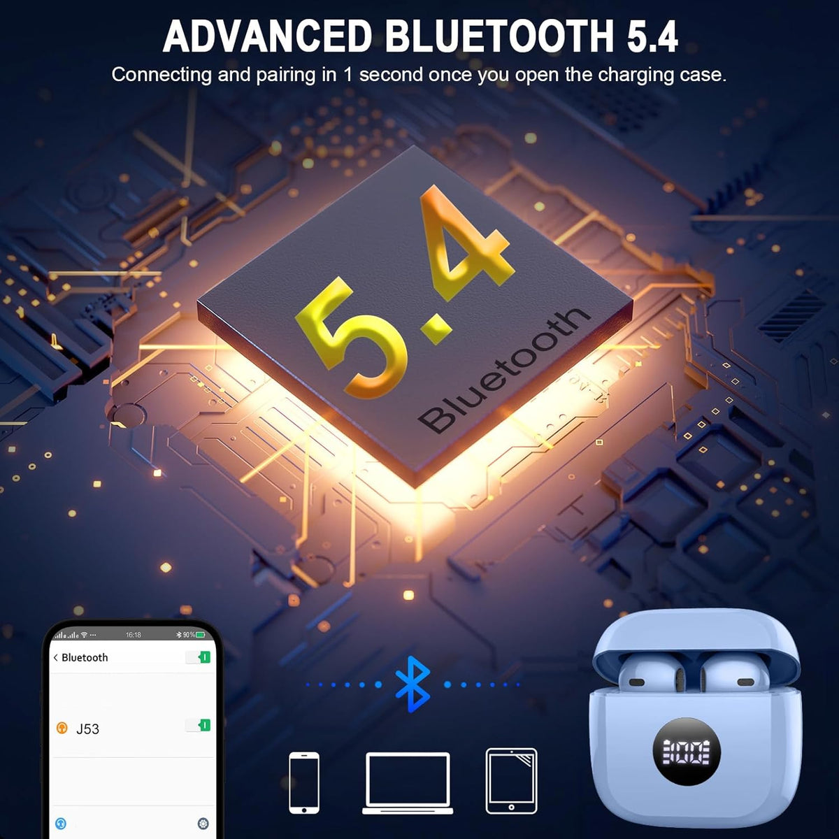 Wireless Earbuds, Bluetooth Ear Buds LED Power Display Headphones Bass Stereo, Bluetooth Earbuds in-Ear Noise Cancelling Mic, 40H Playback Mini Case IP7 Waterproof Sports Earphones for Android iOS
