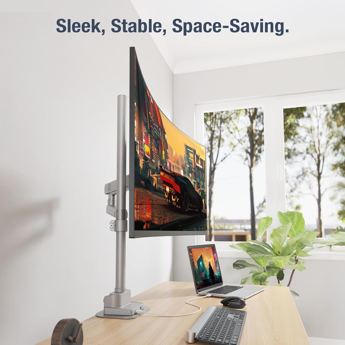 AVLT Single 40 Inch Monitor Arm Pole Top Mount with USB-C USB-A Ports-Gray, Supports 26.4 lbs (12kg), Ultrawide Screen fit, VESA Compatible, Tilt, Swivel, Rotate, Ergonomic Adjustable Height, Durable