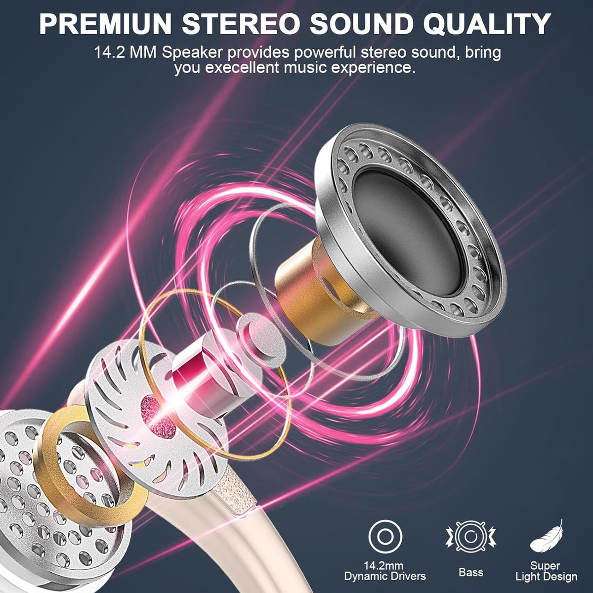 Wireless Earbud, 75H Bluetooth 5.4 Headphones Sport IP7 Waterproof, Running Wireless Earphones with ENC Noise Canceling Mic, 3D Bass Over Ear bud with Earhooks for Android, iOS, Workout, Gym, Rosegold