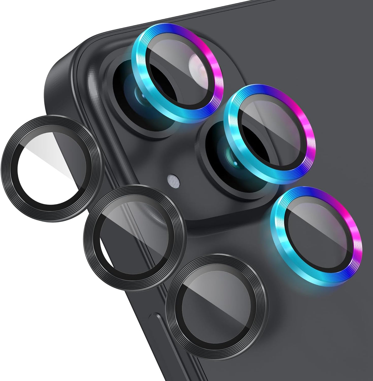 AGVEE 3+3 6 Pack for iPhone 15 6.1" / 15 Plus 6.7" Camera Lens Cover Protector, Metal Ring 9H Tempered HD Glass Camera Cover Protector Film, Black
