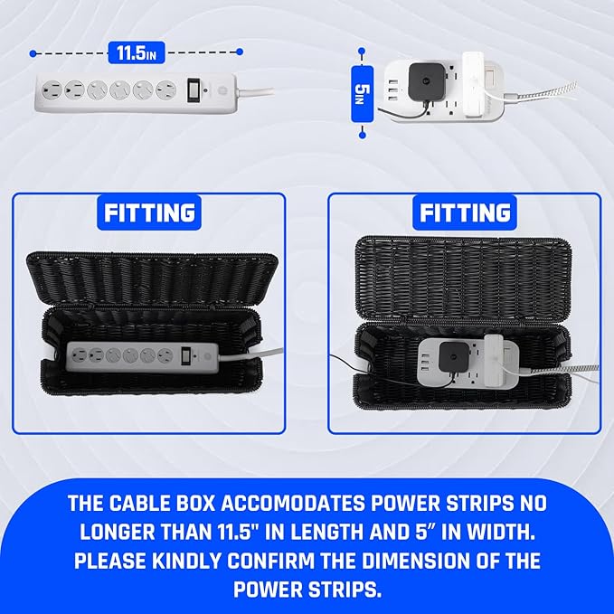 Cable Management Box, Handmade Rattan Cable Organizer with 2 Open Slots, Cord Hider for Power Strip, Router & USB Hub, Registered U.S. Design Patent (D1,112,102), 13" x 5.1" x 5.1", Black