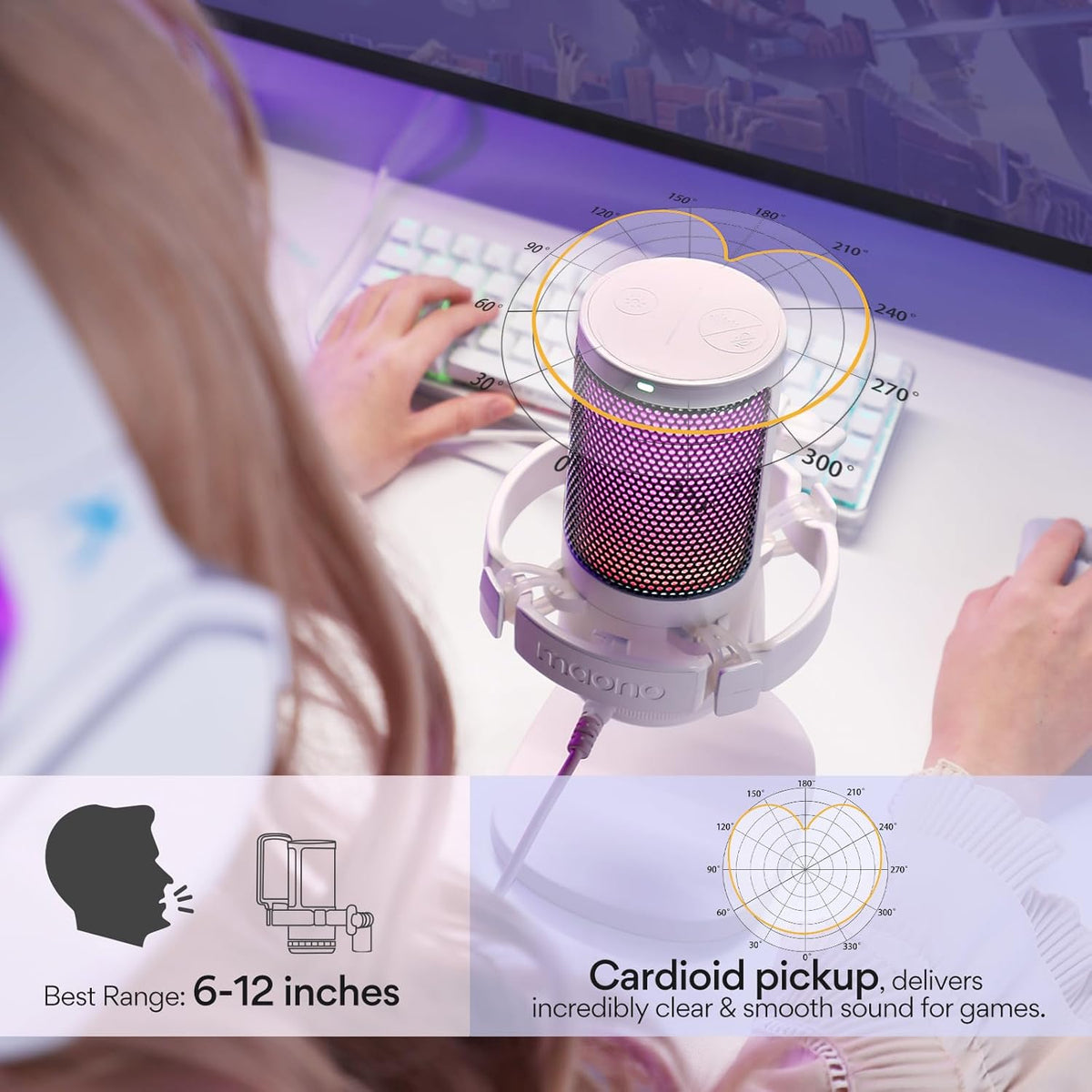 MAONO Gaming Microphone for PC with Noise Cancellation, USB Condenser Mic for Computer, Mac, Laptop, PS5, Streaming, Podcast, Twitch, YouTube, Discord, GamerWave DGM20 White