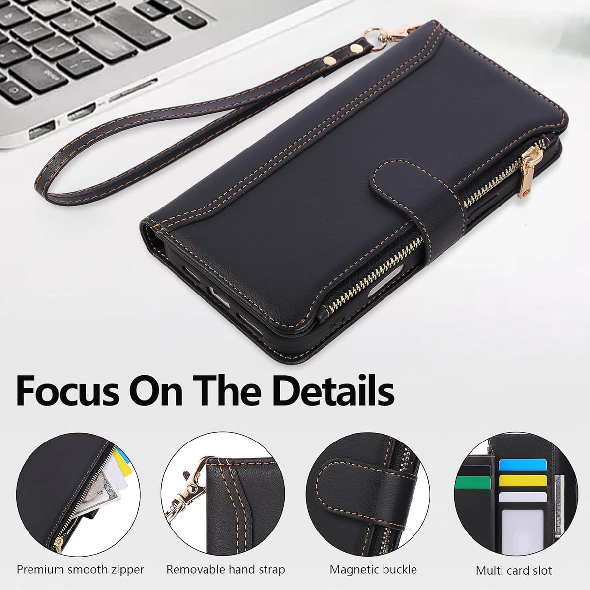 Compatible with iPhone 12 Pro Max Wallet Phone Case-PU Leather Magnetic Flip Cover with Credit Card Slots,Zipper Pocket & Detachable Wrist Strap,Shockproof Design,for Women and Men-Black