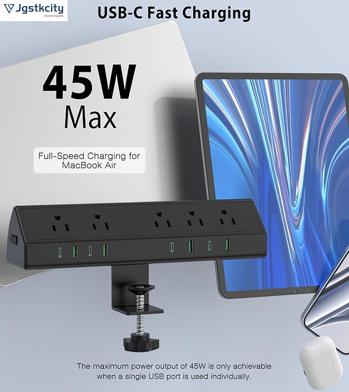 Jgstkcity Desk Clamp Power Strip USB C 45W,8 USB,10FT Cable,Black