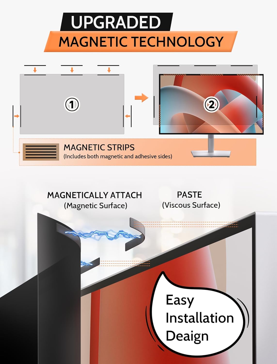[2 Pack] 24 Inch 16:9 Magnetic Privacy Screen for Monitor Anti-Glare, Blue Light Filter, Anti-Spy Reusable Removable Privacy Filter for 16:9 Widescreen Desktop Display