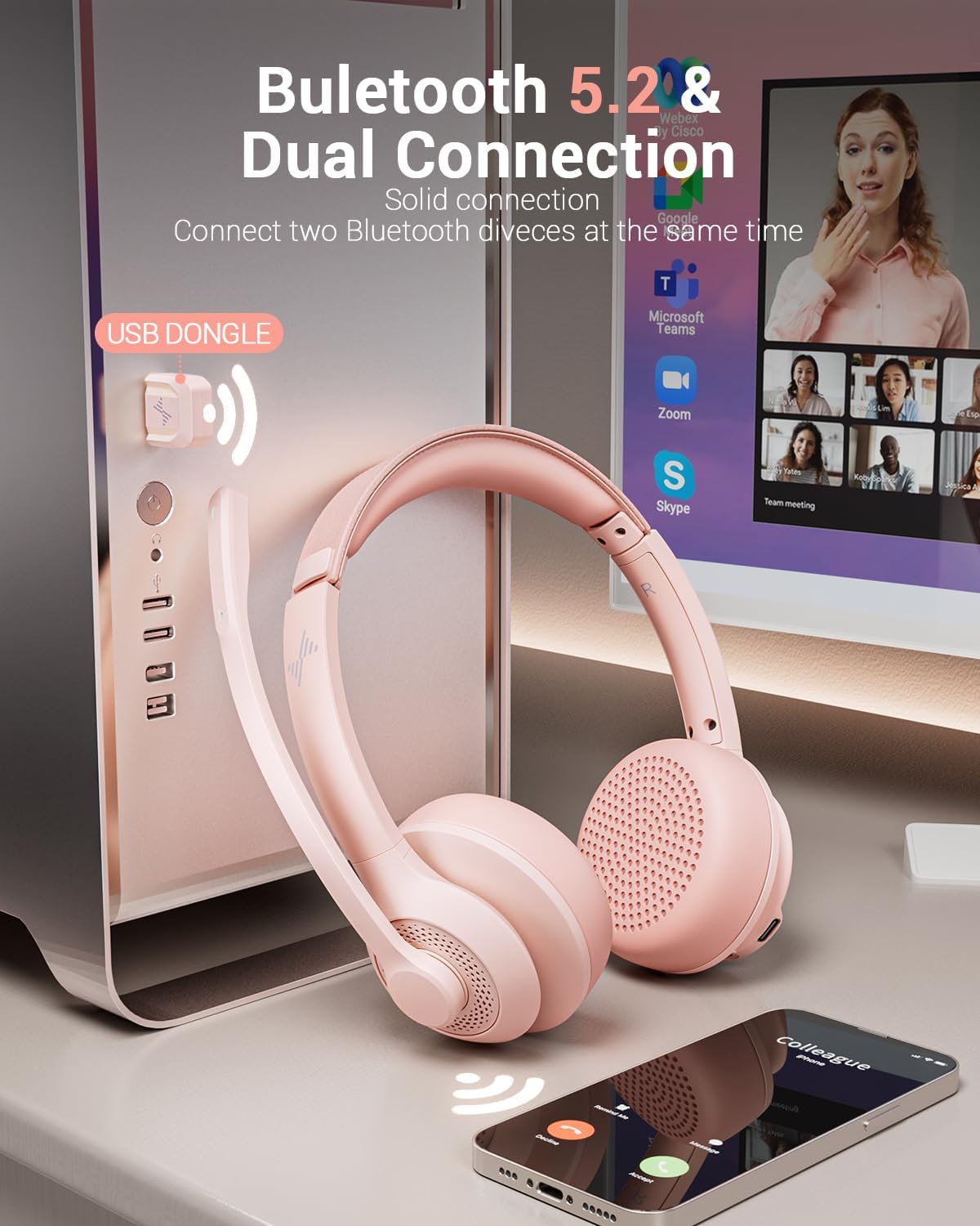 Wireless Headset with AI Noise Cancelling Microphone Bluetooth Headset - Bluetooth V5.2 Headphones with USB Dongle & Mic Mute for Computer/Laptop/PC/iPhone/Android/Cell Phones (Pink)
