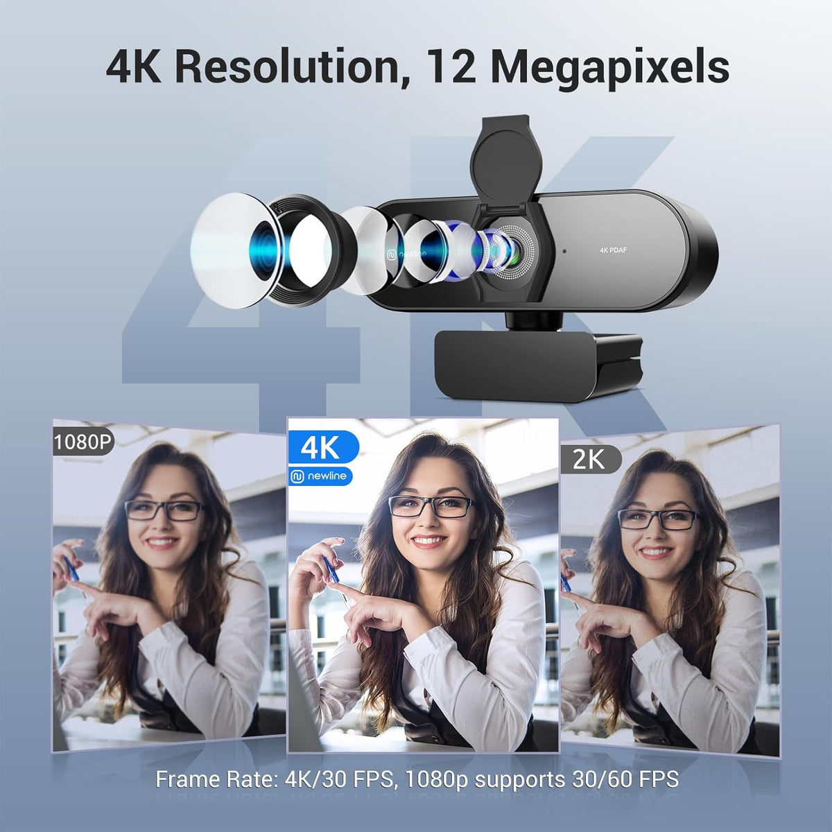N newline 4K Webcam for PC, PDAF/CDAF Autofocus, 1080P@60FPS, 79° FOV, Auto Light Correction, 2 Noise Reduction Mics, Privacy Cover, USB-A, Streaming Camera for Skype, Teams, Online Meeting, NewEye 62