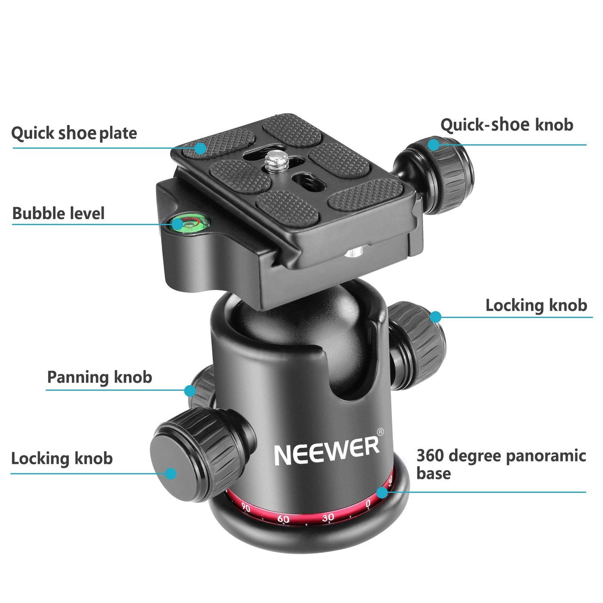 Neewer Professional Metal 360 Degree Rotating Panoramic Ball Head with 1/4 inch Quick Release Plate and Bubble Level,up to 17.6pounds/8kilograms,for