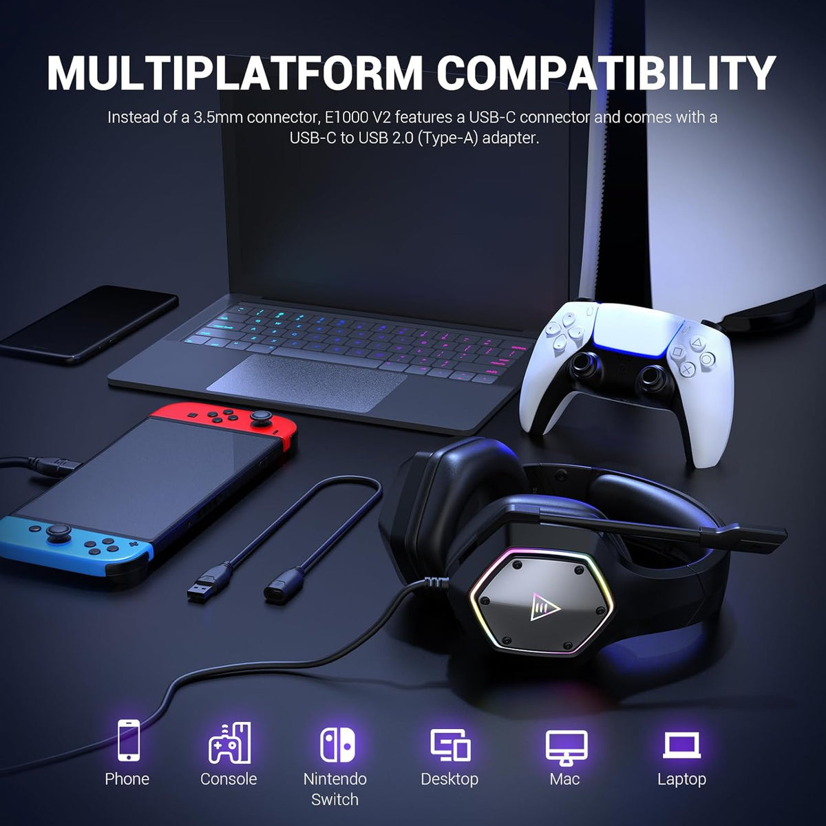 EKSA E1000 V2 Gaming Headset, PC Headset with USB C Plug, Wired Headphones with Noise Canceling Microphone, 7.1 Surround Sound, RGB Light, include USB Adapter for Computer,Mac, PS4/PS5 Console, Laptop