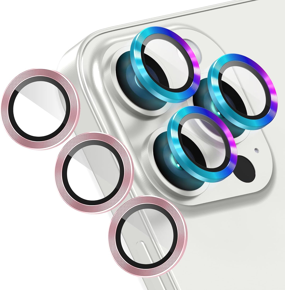 AGVEE 3+3 Camera Lens Protector for iPhone 15 Pro 6.1" / 15 Pro Max 6.7", Brushed Metal Ring 9H Tempered HD Glass Camera Protector Cover Film, Pink