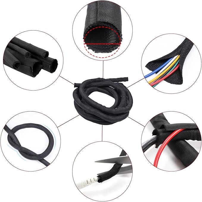 BuyUneed Black Split Braided Cable Management Sleeves 1/2inch -30Feet
