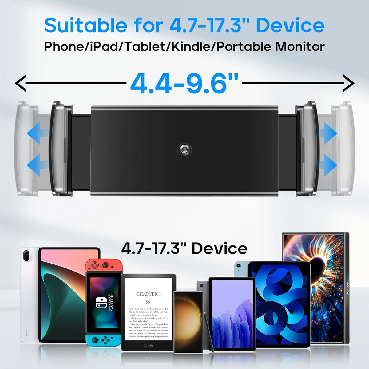 ROADOM Tablet Stand, Adjustable 360° Swivel Bracket, 180° Tiltable Clamp,Foldable Tablet Holder for 4.7-17.3'' iPhone/iPad/Tablet/Portable Monitor, Aluminum Alloy, Black