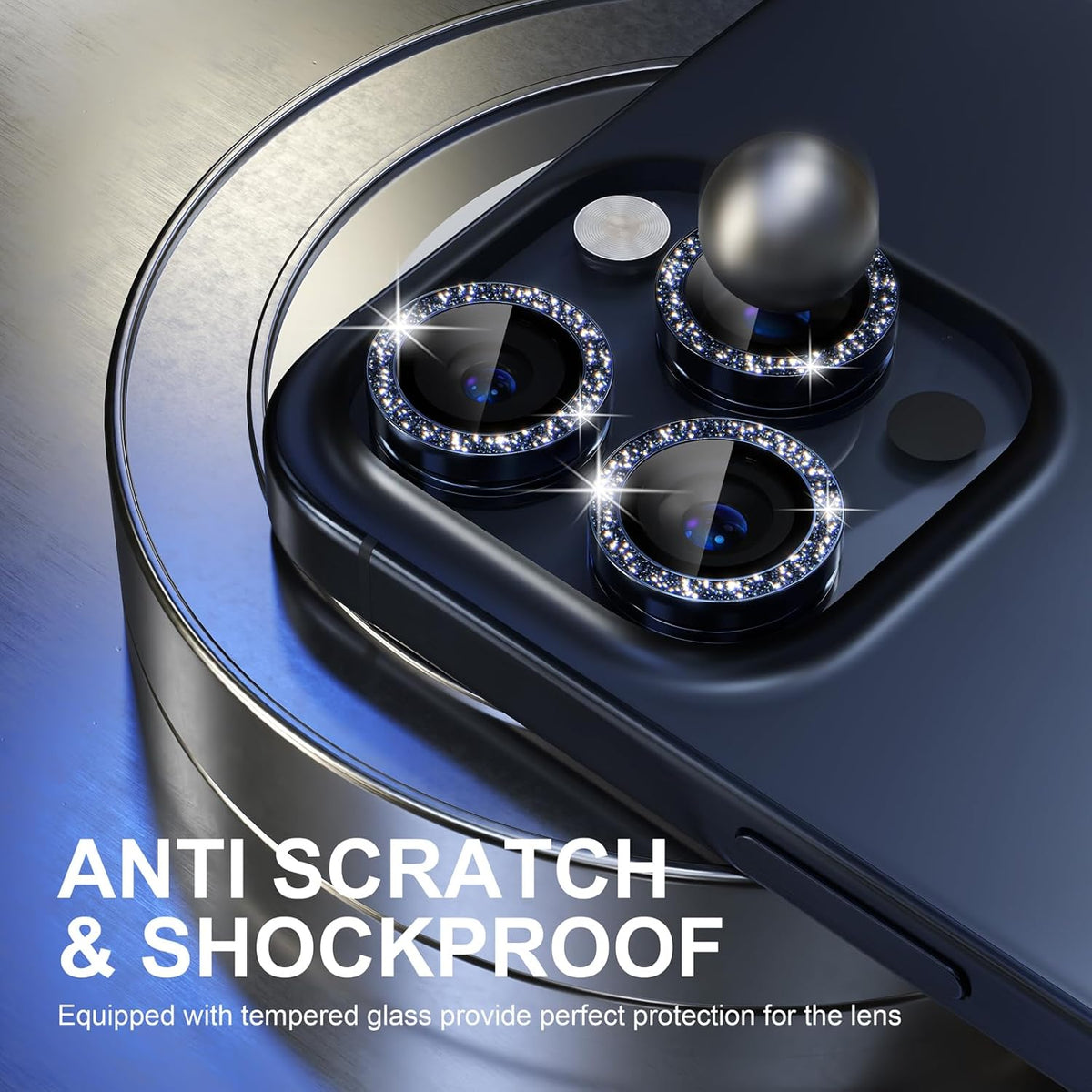 Choiche Compatible for iPhone 15 Pro/iPhone 15 Pro Max Camera Lens Protector Bling, 9H Tempered Glass Camera Cover Screen Protector Metal Ring Decoration Accessories (Glitter-Blue)