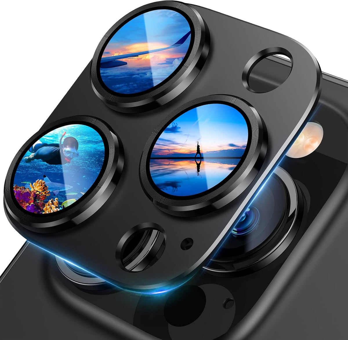 UniqueMe for iPhone 13 Pro/iPhone 13 Pro Max Camera Lens Protector, [Strong Drop Protection] [Not Easy to Fall-off] Metal Ring Tempered Glass Rear Camera Screen Cover - Graphite