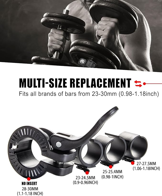 ZY-HUAN 1 Inch Barbell Clips, Adjustable Barbell Collars 23–30mm, Weight Clips for Dumbbells, Nylon Clamps with 6 Inserts