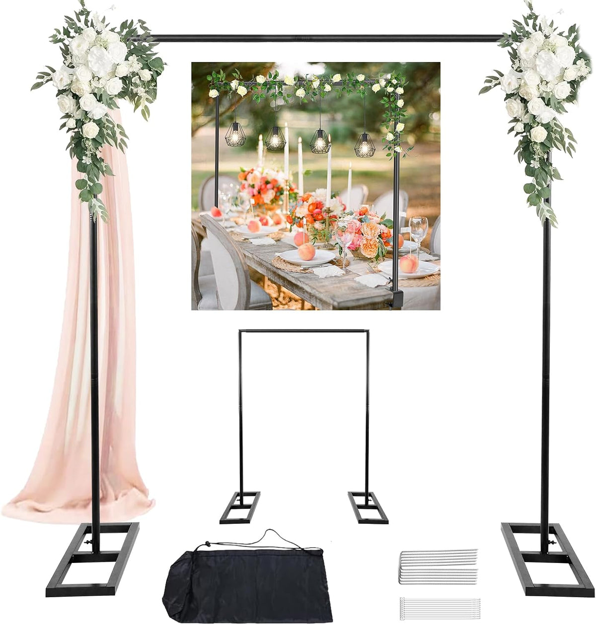 8.2FT 2 Balloon Arch Stand, Square Wedding Arch Frame, Metal Black Heavy Duty Backdrop Adjustable Stand, Extra Clamps
