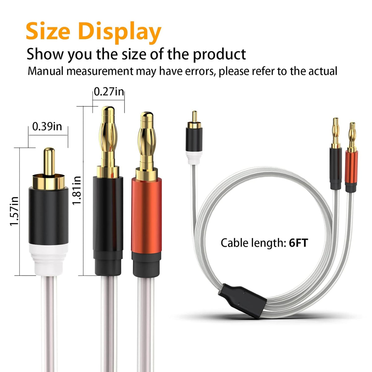 HOSONGIN RCA to Banana Plug Speaker Cable 6 Feet -2 Pack, Gold-Plated Dual-Shielding Hi-Fi Stereo Cable for Home Theater/Amplifier/Subwoofer/Speaker/Audio Receiver/Vinyl Record Player/SoundBar